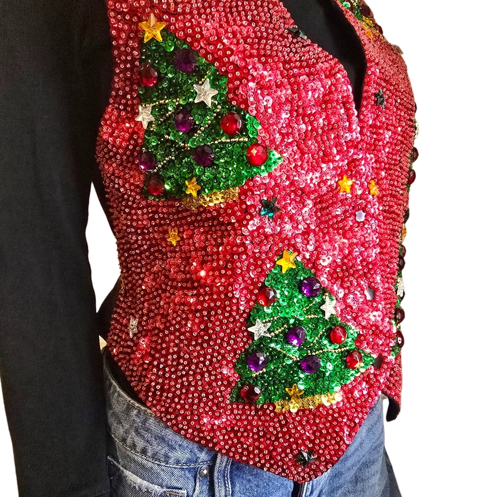 Vintage 90s JC Christmas Tree Sequin and Jewel Vest | Size Small - Picture 9 of 17